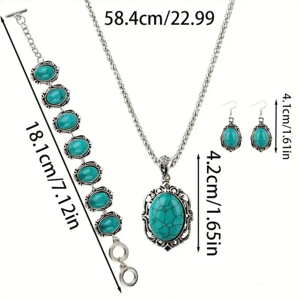 Turquoise Necklace Earrings Bracelet 4pc Boho Native Stylish Glam Lucky Trendy - Picture 4 of 6